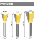 Premier Heavy Duty Dovetail Router Bit Set Six Piece Collection With One Quarter Inch Shank Equipped With Hella Sharp Carbide Blades Ready To Rip Through Hardwood For Perfect Joints Daily dimensions of three carbide router bits