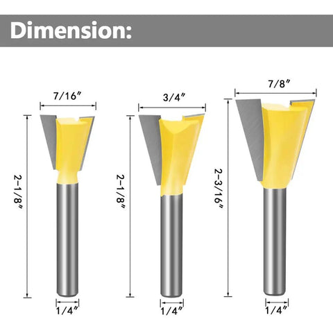 Premier Heavy Duty Dovetail Router Bit Set Six Piece Collection With One Quarter Inch Shank Equipped With Hella Sharp Carbide Blades Ready To Rip Through Hardwood For Perfect Joints Daily dimensions of three carbide router bits
