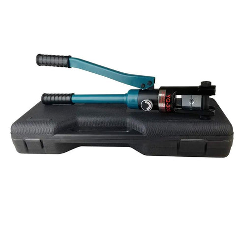 16 Ton Hydraulic Cable Lug Crimper Kit With 13 Die Sets For 9 AWG To 600 MCM Electrical Terminals shown with black carrying case.