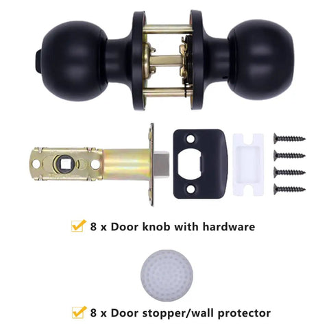 8 Pack Matte Black Privacy Door Knobs Interior Passage Round Lockset for Bedroom and Bathroom No Key Needed with Adjustable Latch