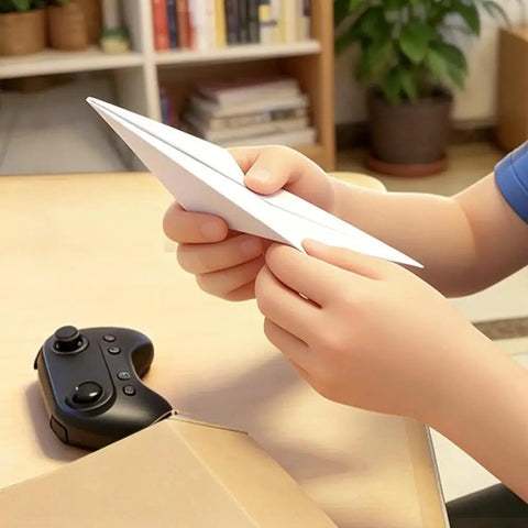Person holding foldable paper airframe next to 2.4GHz controller from Electric RC Paper Airplane Kit With Gyro Stabilizer And Dual Propellers