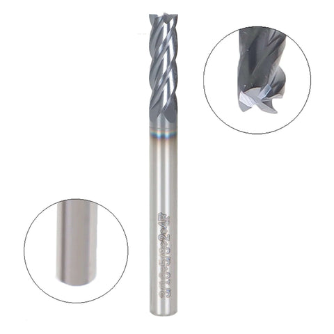 Front view of a carbide square end mill, 3/16 in, 4-flute, 2 in overall length, straight shank.