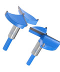 Front view of uxcell 65mm and 70mm Forstner drill bits with blue guards and silver shanks