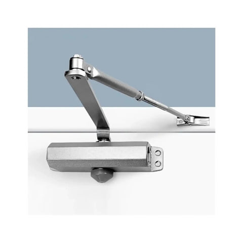 Automatic Door Closer With Adjustable Speed For 25-85 Kg Doors installed on a white door, showing metal arm and mechanism.