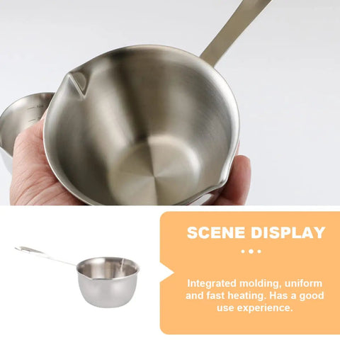 Slick Melting Pot With Pour Spout For Hot Coffee Chocolate And Soups Fire Kitchen Warmer Bowl in hand, metallic finish, measuring features.