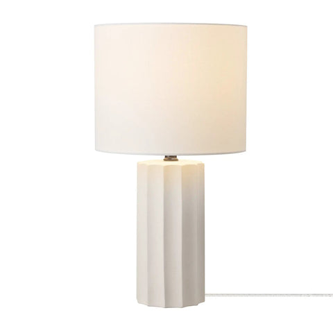 20 Inch Rustic Table Lamp With Ribbed Concrete Base And White Linen Shade, Cottagecore Accent Light For Living Room, Bedroom Or Office