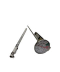Barista Grade Milk Frothing Thermometer With Nifty Pitcher Clip, 7 Inch Stainless Steel Shaft and accurate dial on white background.