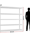 Heavy Duty 3000 Lbs Garage Shelving Unit, 5 Tier Adjustable Metal Shelves, Industrial Storage Rack, 48 W x 24 D x 72 H Inches, White Finish, Ideal for Tools, Auto Shop, Workshop, and Garage Organization shown with dimensions