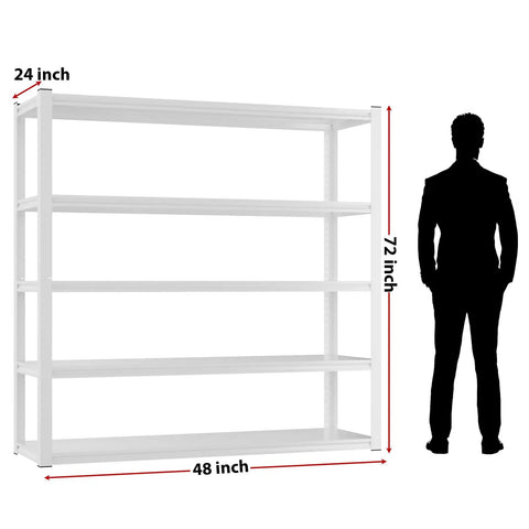 Heavy Duty 3000 Lbs Garage Shelving Unit, 5 Tier Adjustable Metal Shelves, Industrial Storage Rack, 48 W x 24 D x 72 H Inches, White Finish, Ideal for Tools, Auto Shop, Workshop, and Garage Organization shown with dimensions