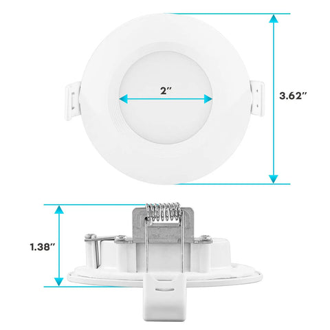 3 Inch Ultra Thin LED Recessed Down Lights, 6W Dimmable, 5 Color Temperature Options, front and side view with dimensions