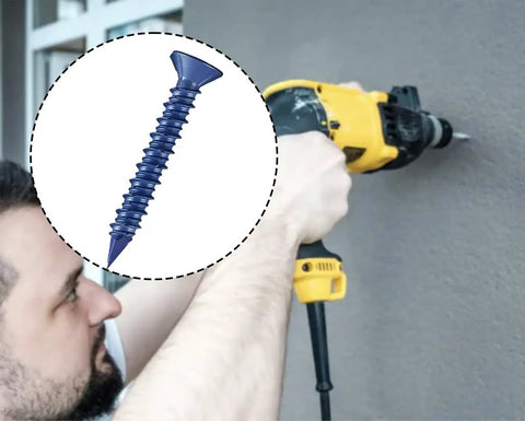 Person using power drill, inset detail of blue screw from 200 Piece Concrete Screw Kit With One Quarter Inch And Three Sixteenth Inch Masonry Screws