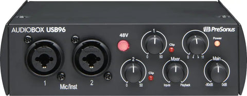Front view of AudioBox 96 25th Anniversary USB Audio Interface With 2 Channel USB 2.0 Class A Mic Preamps High Headroom Instrument Inputs MIDI I O Studio Grade Converters, showing input dials and connectors.