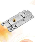 Door Latch for Gates Stainless Steel Spring Loaded Safety Lock, silver latch lock with golden screw detail, installed view.
