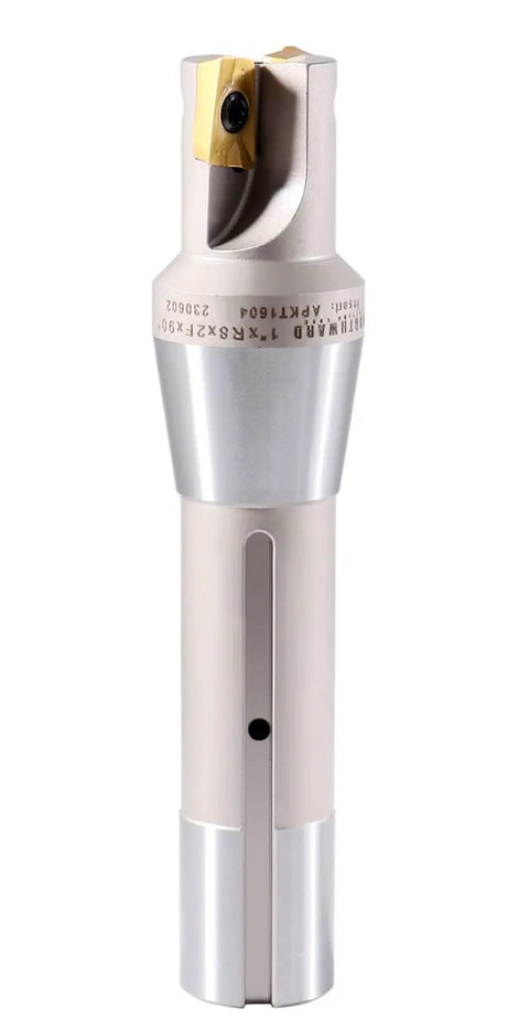 1 Inch 90 Degree R8 Shank Indexable End Mill With 2 Flutes And Pre Installed APKT1604 Carbide Inserts For Metalworking 7/16-20 Threading Compatibility Durable Forged Steel Milling Cutter