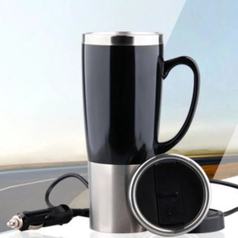 Heavy Duty Stainless Steel Car Kettle 50 Watt Portable Water Heater With Cigarette Lighter Plug For Swift Boiling Road Trip Coffee Mug, black and silver insulated mug.
