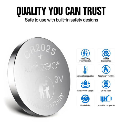 Hella Solid CR2025 3 Volt Coin Cell Batteries 12 Pack showing a single lithium battery with child safety features and specifications.