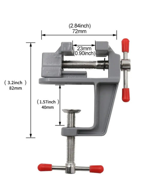 Mini Table Clamp Vise For Your Portable Workbench On The Go, aluminum alloy with red handles, detailed dimensions shown.