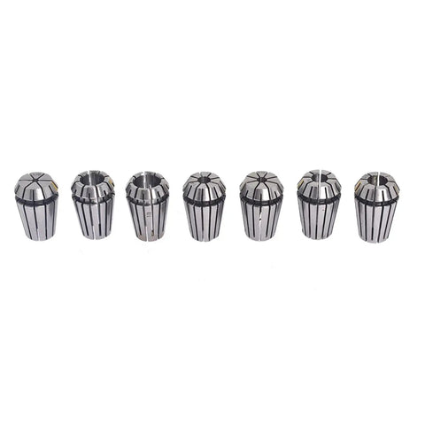 ER20 Spring Collet Set 7-Pack 1/8 To 1/2 Inch, Pro Grade Steel, Heavy Duty Grip For CNC Milling Machines And Engraving, High Precision 0.015mm Tolerance, 1065 Carbon Steel, Fits Milling Centers And Routers displayed in a row