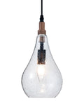 Cozy Farmhouse Seeded Glass Pendant Light With Wooden Teardrop Socket, lit bulb showing through clear textured glass shade.