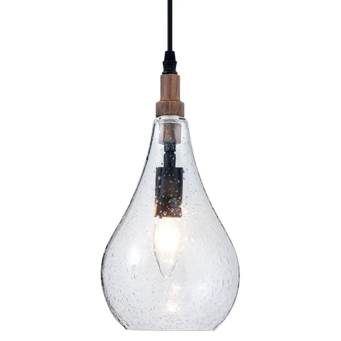 Cozy Farmhouse Seeded Glass Pendant Light With Wooden Teardrop Socket, lit bulb showing through clear textured glass shade.