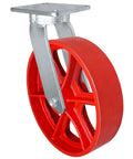 Twelve By Three Inch Kingpinless Heavy Duty Swivel Caster With Red Ductile Iron Wheel for smooth rolling and crushing heavy loads.