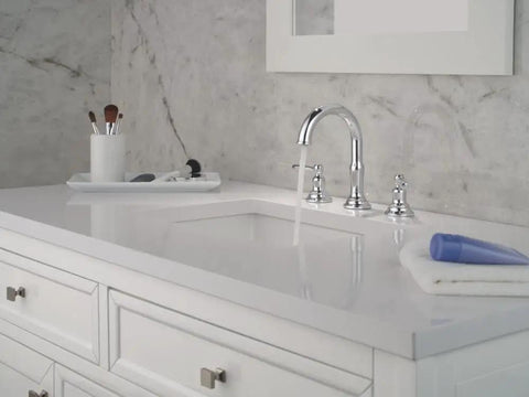 Slick Chrome 8 Inch Widespread Bathroom Sink Faucet Boasting A Totally No Sweat Wrench Free Installation And Quick Connect Tubing Paired With A Smooth Push Pop Drain Assembly For Any Classic Vanity Refresh