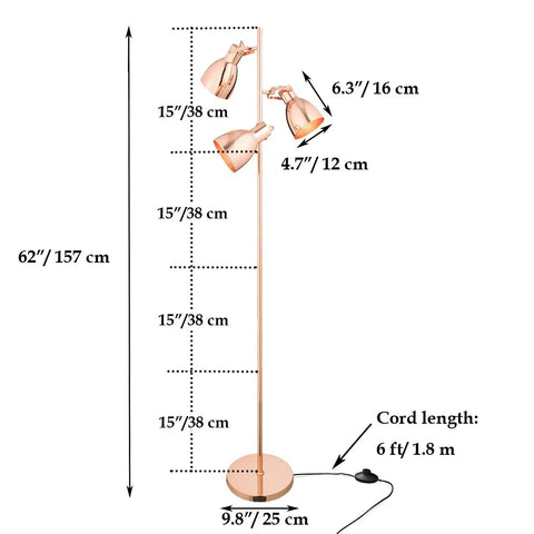 Diagram of GF32 Floor Lamp in Rose Gold Three Light Modern Floor Lamp with measurements and adjustable heads.