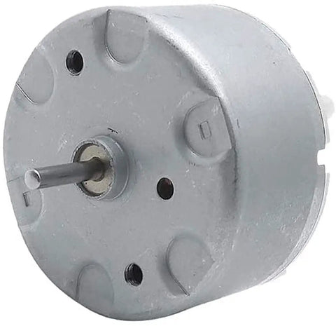 Close-up of Dope Little Mini DC Motor Pack Of 2 Runs On 1.5 To 5 Volts, 2700 RPM, 32mm diameter, showing steel gears and shaft