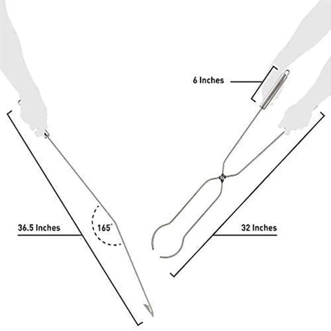 Fire Pit Tools 2-Piece Set With 36.5 Inch Poker And 32 Inch Wood Tongs, dimensions and angles shown