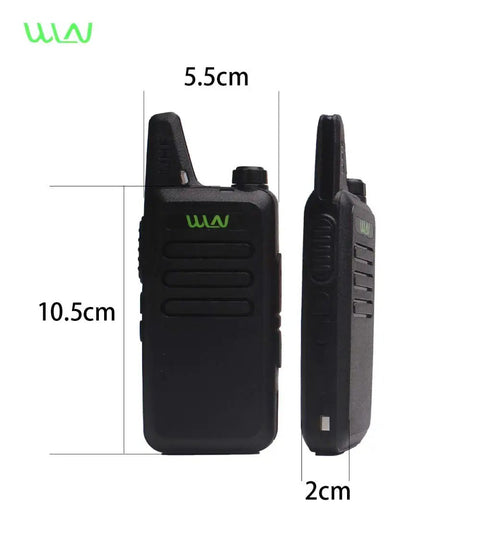 UHF 400-470 MHz Mini Handheld Walkie Talkie Transceiver Radio With Ultra Slim 96x55x22mm Design side and front view