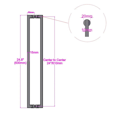 24 Inch Double Sided Push Pull Door Handle In Brushed Stainless Steel For Sliding Barn Doors Easy Install For Wood Or Glass Doors top view with 24 in center spacing