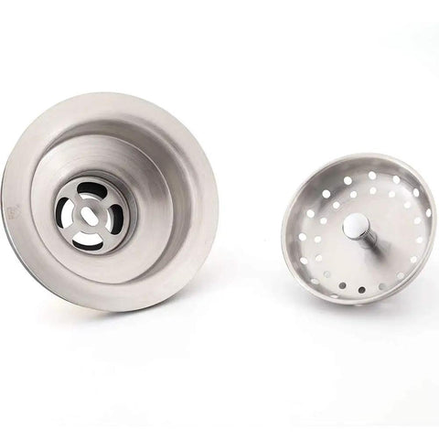 Three And A Half Inch Kitchen Sink Drain Assembly With Strainer Basket And Stopper All Stainless Steel Drain Kit Built To Last Rustproof Fits Most American Sinks Easy Install, stainless steel body and basket visible