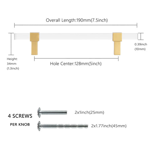 Diagram of 10 Pack 5 Inch Gold Acrylic Drawer Pulls With Seven Point Five Inch Overall Length For Kitchen Cabinets, includes screws