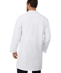 Back view of Go-To White Lab Coat For Men Button Front Long Sleeve Doctor Coat With Three Pockets Breathable 65/35 Polyester Cotton Blend