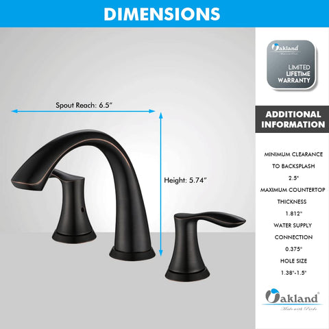 Dimensions for 8 Inch Widespread Two Handle Bathroom Faucet In Oil Rubbed Bronze, Solid Brass Lavatory Faucet For 3 Hole Sinks