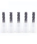 Front view: five carbide end mills, D18x100, 4-flute, 58-degree CNC cutters in white plastic holders