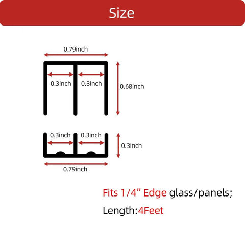 Diagram showing dimensions of Sliding Door Track Kit For One Quarter Inch Thick Panels, U Channel Rubber, Black, 4 Feet length.