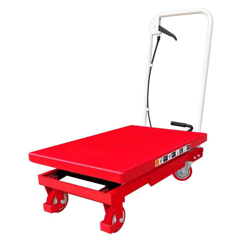 Red Premium Scissor Lift Table Cart, 500 lb capacity, side view with handle and caster wheels.