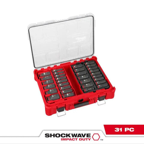 Shockwave Impact Duty Socket Set For Half Inch Drive 31 Piece Deep Well SAE And Metric With Packout Case opened to display sockets