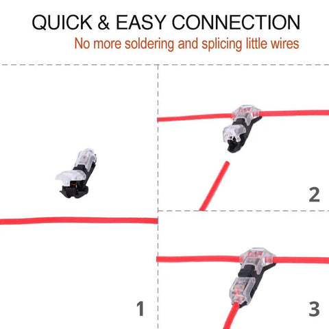Step-by-step installation of 12 Pack Low Voltage Wire Splice Connectors, Quick Solderless T Tap 1 Pin Connectors for 20-24 AWG Automotive.