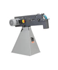 Heavy Duty Industrial Belt Grinder Built Like A Tank For Metal Fabrication Shops Featuring Rock Solid Steel Frame and Badass Torque 3 Phase 400 440 Volt Motor side view with mounted motor.