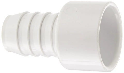 Side view of 1 Inch Barbed To 1 Inch Socket PVC Pipe Fitting Adapter, Schedule 40 White PVC Plumbing Connector with barbed end