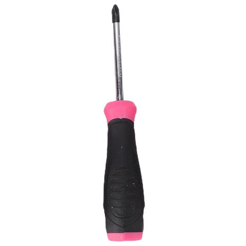 Close-up of a pink-handled screwdriver from 18 Piece Pink Hand Tool Set For Women, Beginner Friendly Home Repair Kit.
