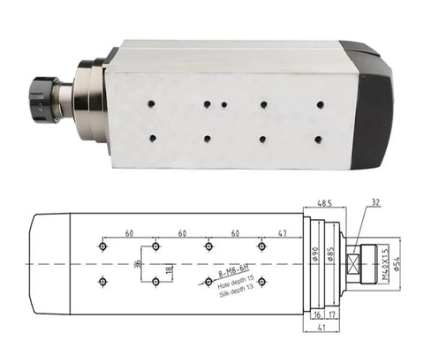 Top Shelf Air Cooled CNC Spindle Motor 7.5KW ER32 Collet 18000RPM 220V High Speed Router Mill Upgrade side view with detailed diagram.