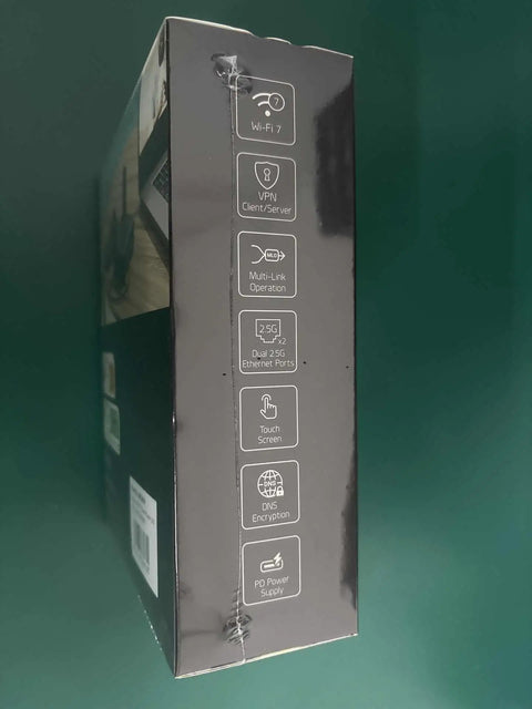 Side view of Dual Band WiFi 7 Travel Router box showing features like 2.5G Ethernet ports, USB 3.0, and VPN support.