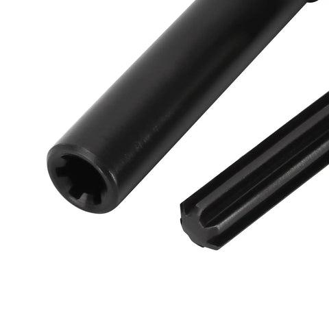 Close-up of the stainless steel D-shaped drive shaft for one eighteenth scale TRX4M Defender Bronco with tight grip on transmission and axles.