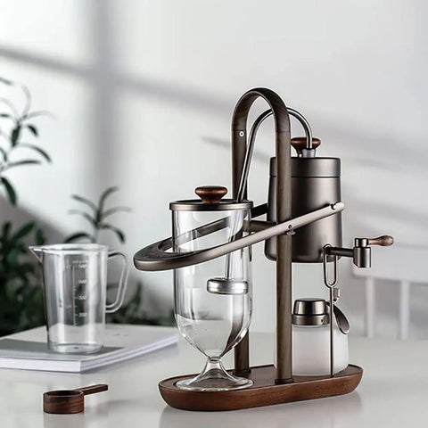Premium Belgian Siphon Coffee Maker With Tempered Glass Globe Brewers, 450ml borosilicate, modern design for slow extraction.