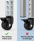 3 Inch PU Caster Wheels For 2x2 Boltless Shelving Racks Four Pack Heavy Duty Mobility Set With 1500 Lb Total Load Easy Slide In Installation No Bolts Required Quiet Smooth Rolling For Garage Storage And Workshop showing fitment with boltless hollow post and not with solid leg