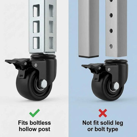 3 Inch PU Caster Wheels For 2x2 Boltless Shelving Racks Four Pack Heavy Duty Mobility Set With 1500 Lb Total Load Easy Slide In Installation No Bolts Required Quiet Smooth Rolling For Garage Storage And Workshop showing fitment with boltless hollow post and not with solid leg