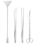4 Piece Aquascaping Tool Kit For Aquariums With Long Reach Tweezers Scissors Scraper And Substrate Spatula Set shown on white background